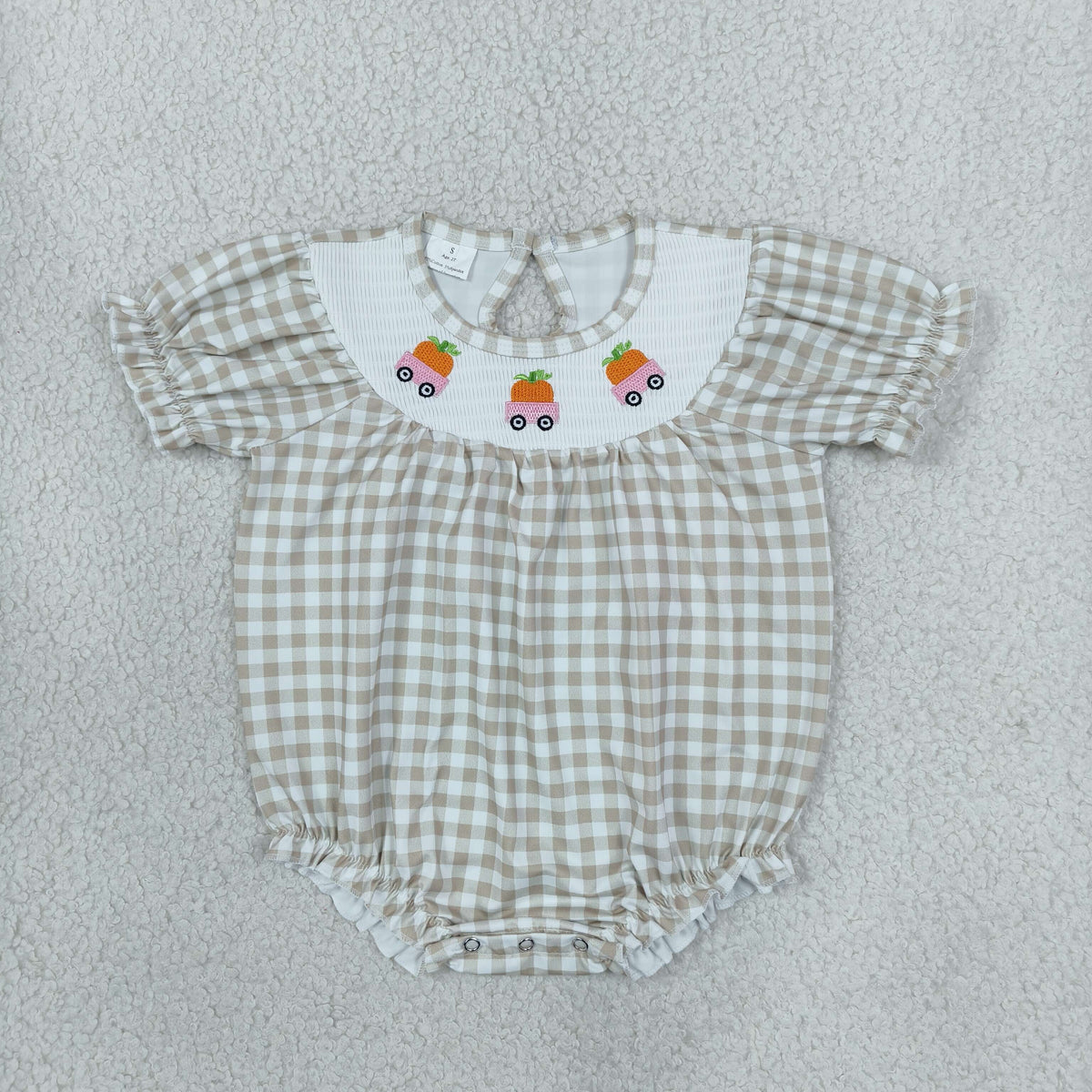 Smocked Embroidery SR4280 Pumpkin Checkered Short Sleeve Girls Romper