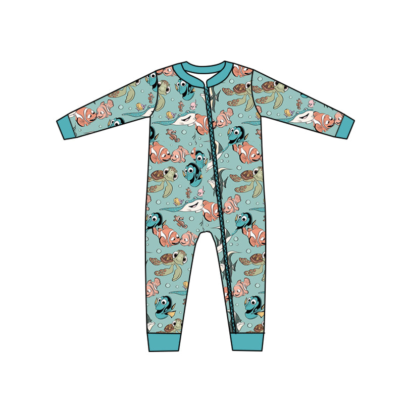 custom S cartoon cute fish green long sleeve boys zipper romper