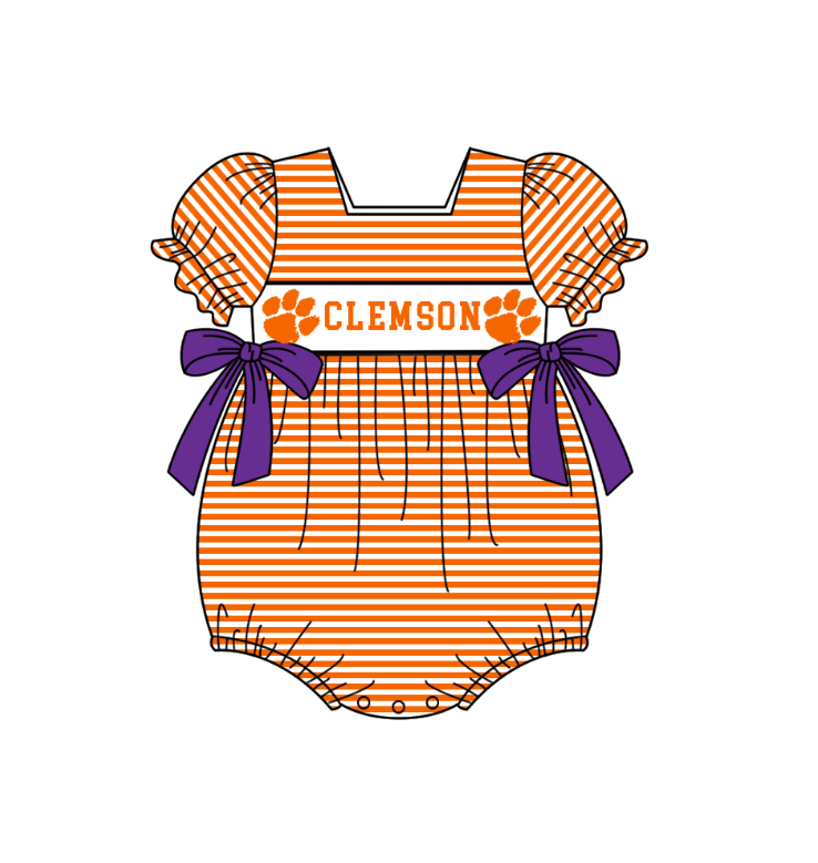 Custom Moq 3 Football Item Clemson Orange Short Sleeve Girls Romper