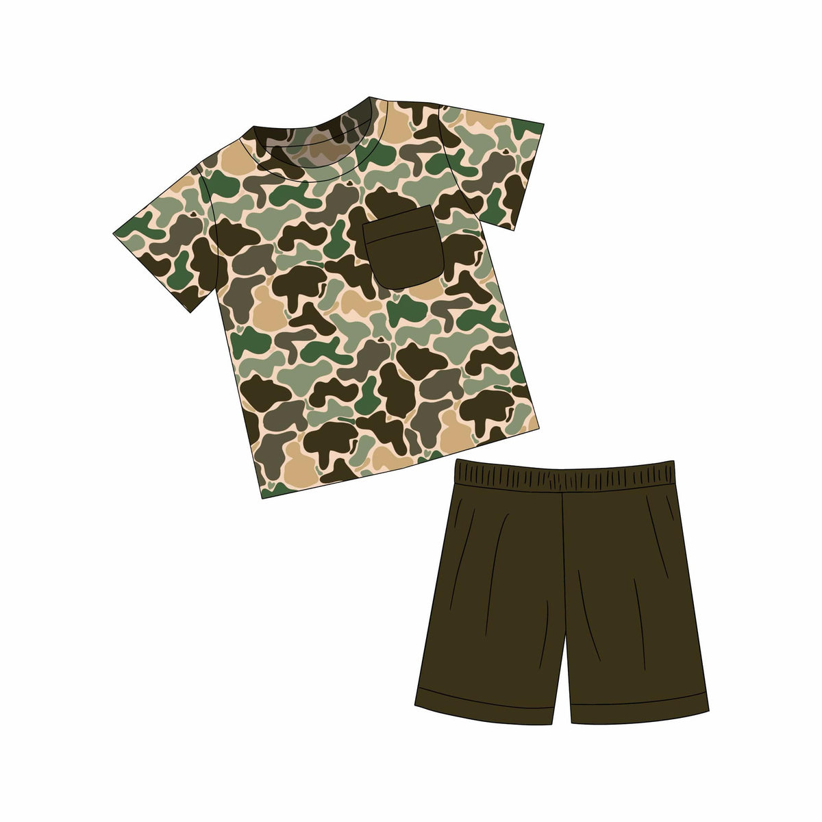 custom Hunting camo pocket short sleeve dark green shorts boys set