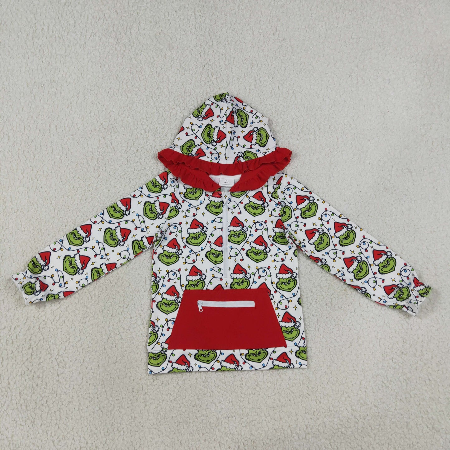 GT1163 Christmas green face light pocket zipper hoodie long sleeve girls top