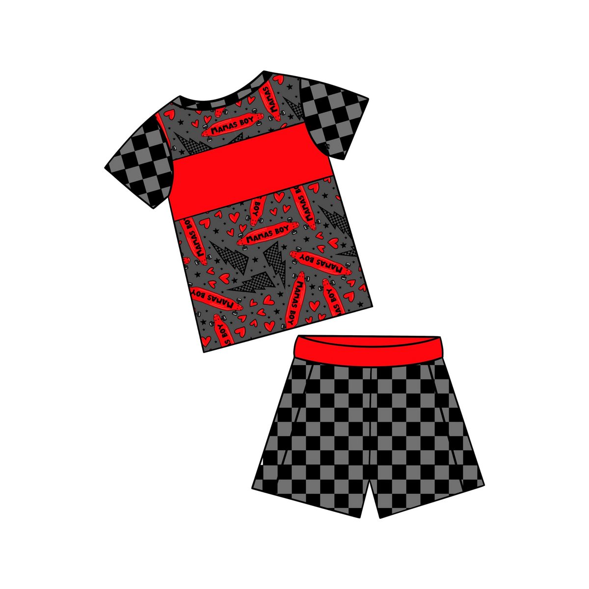 custom mama's boy heart black checkered short sleeve shorts boys set