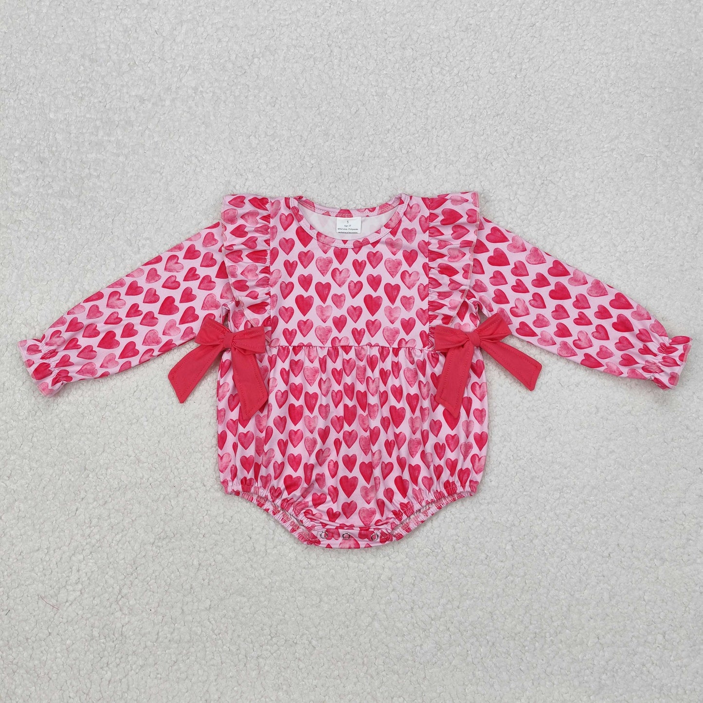 LR2146 Valentine's Day heart bows hot pink long sleeve girls romper