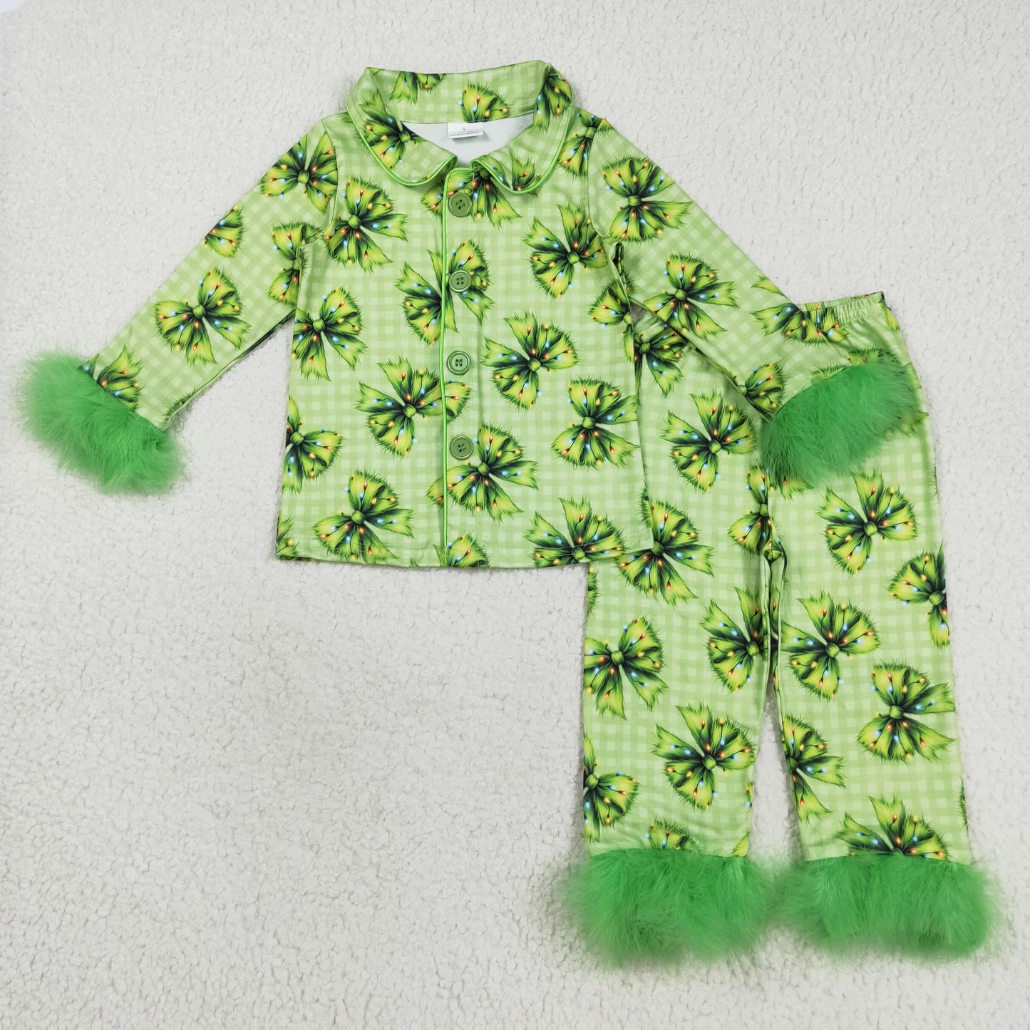 GLP2581 Christmas green tree bows checkered long sleeve pants girls fur pajamas
