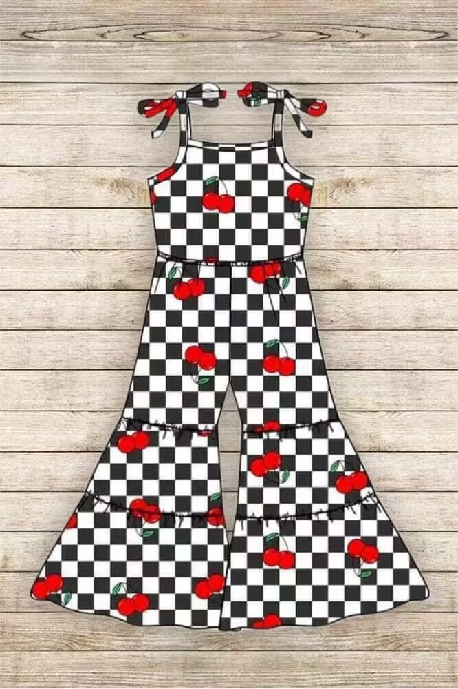 custom style red cherry black checkered lace-up girls jumpsuits