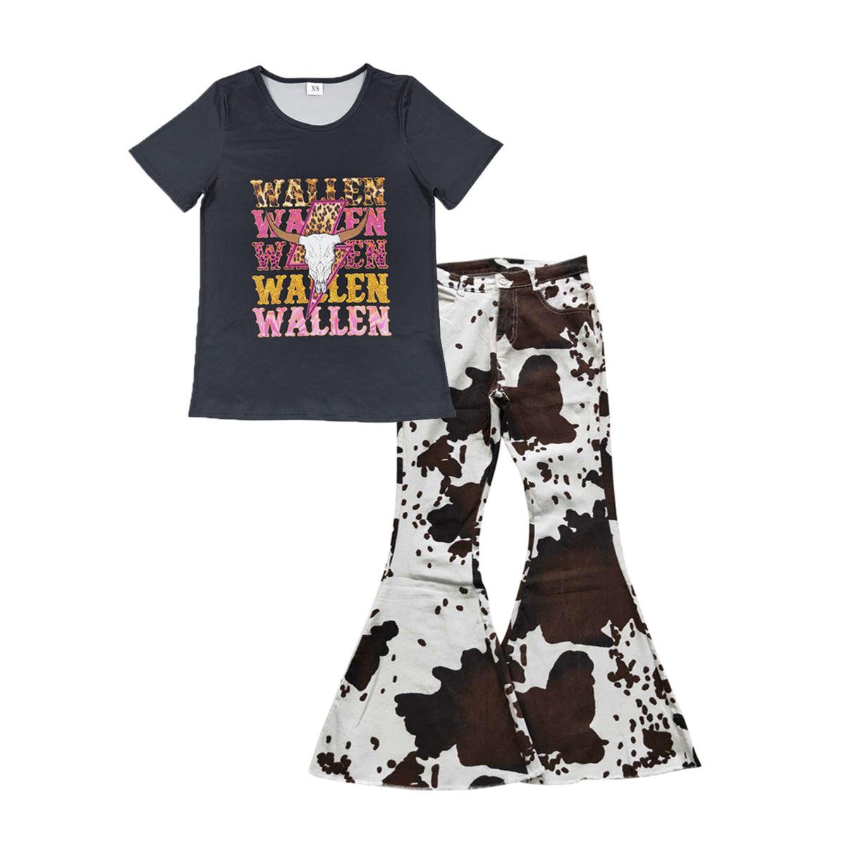 Wallen cow black short sleeve top ink pattern denim pants adult set