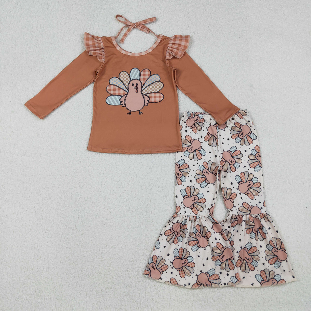 GLP2605 Thanksgiving turkey brown long sleeve pants girls set