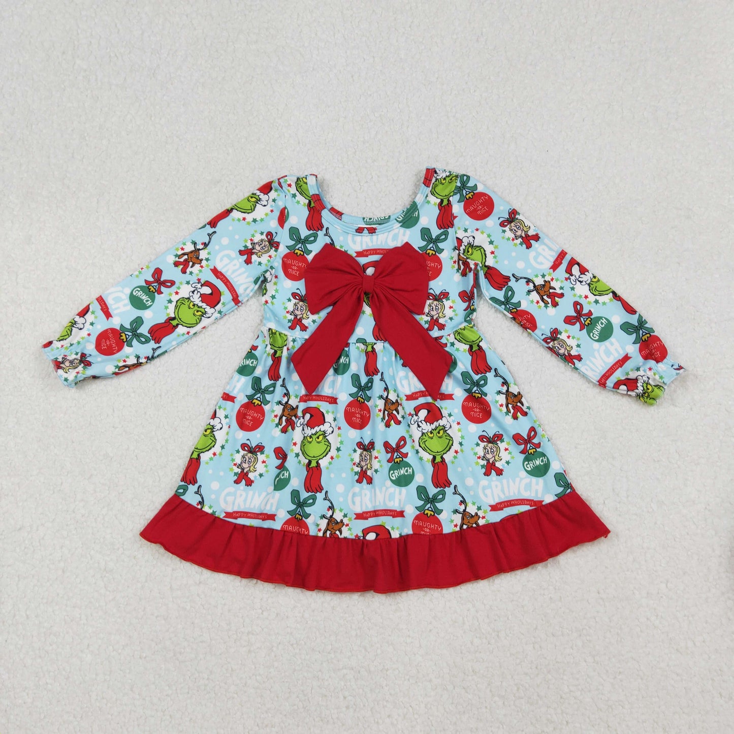GLD1269 Christmas green face blue with big red bow long sleeve girs dress