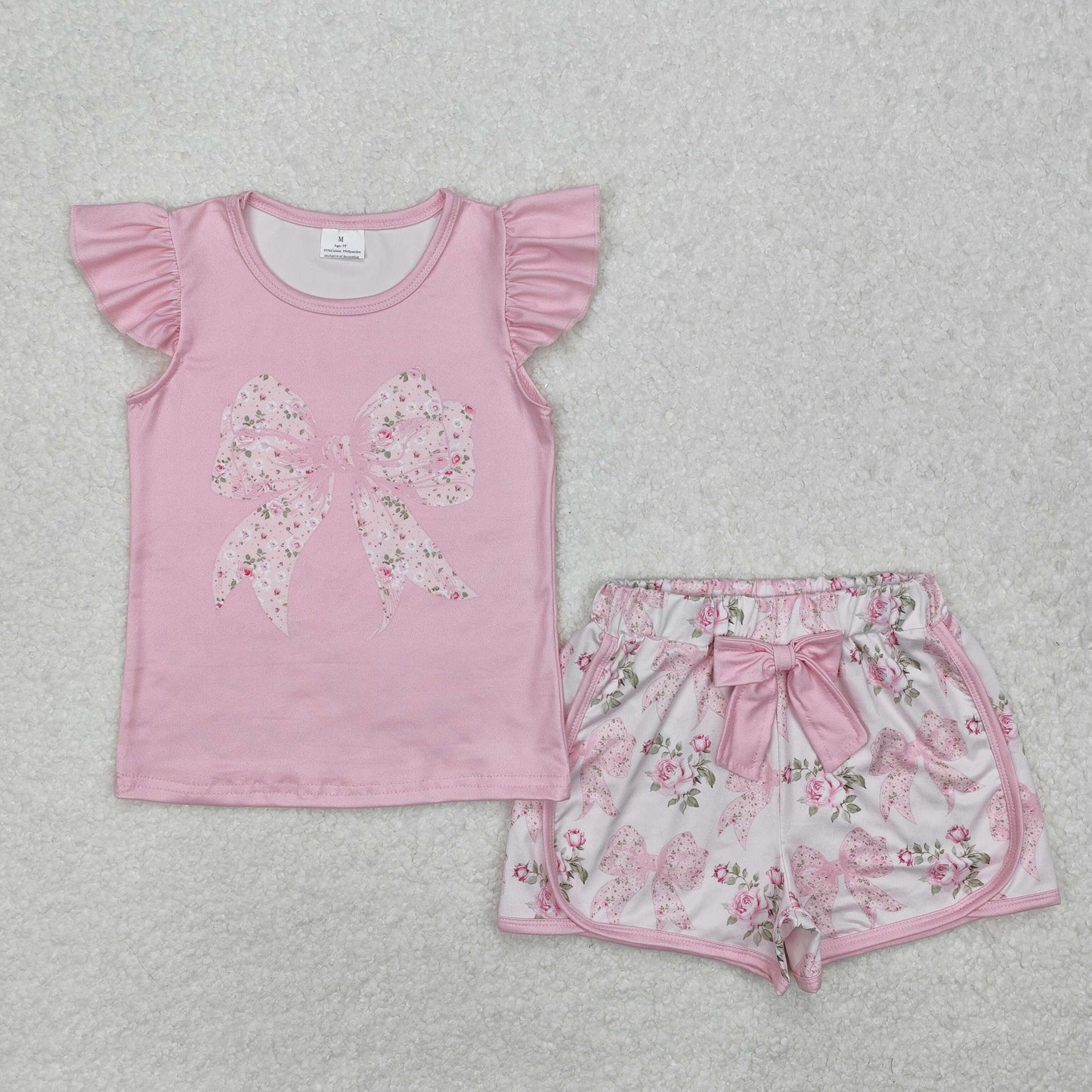 GSSO1702 Flowers Bows Pink Flutter Sleeve Bow Shorts Girls Set