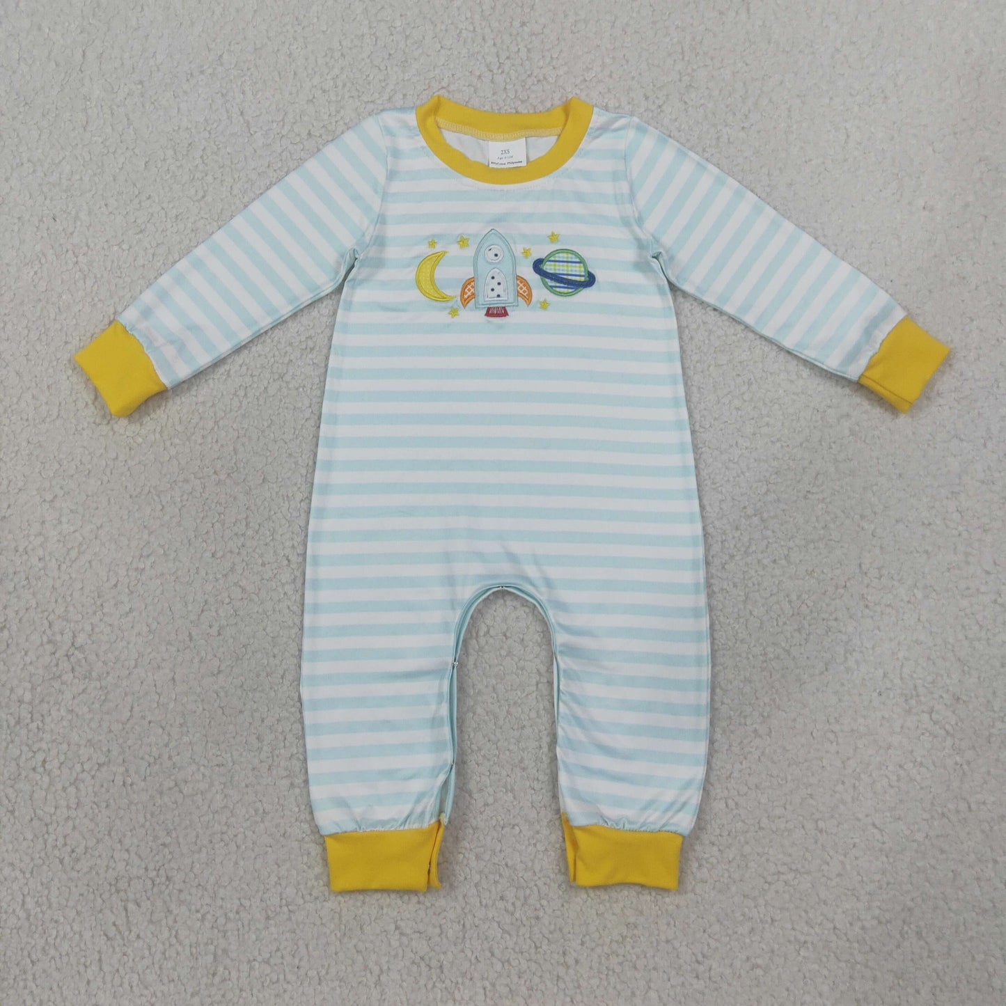 Embroidery LR3062 Cartoon Moon Blue Striped Long Sleeve Boys Romper