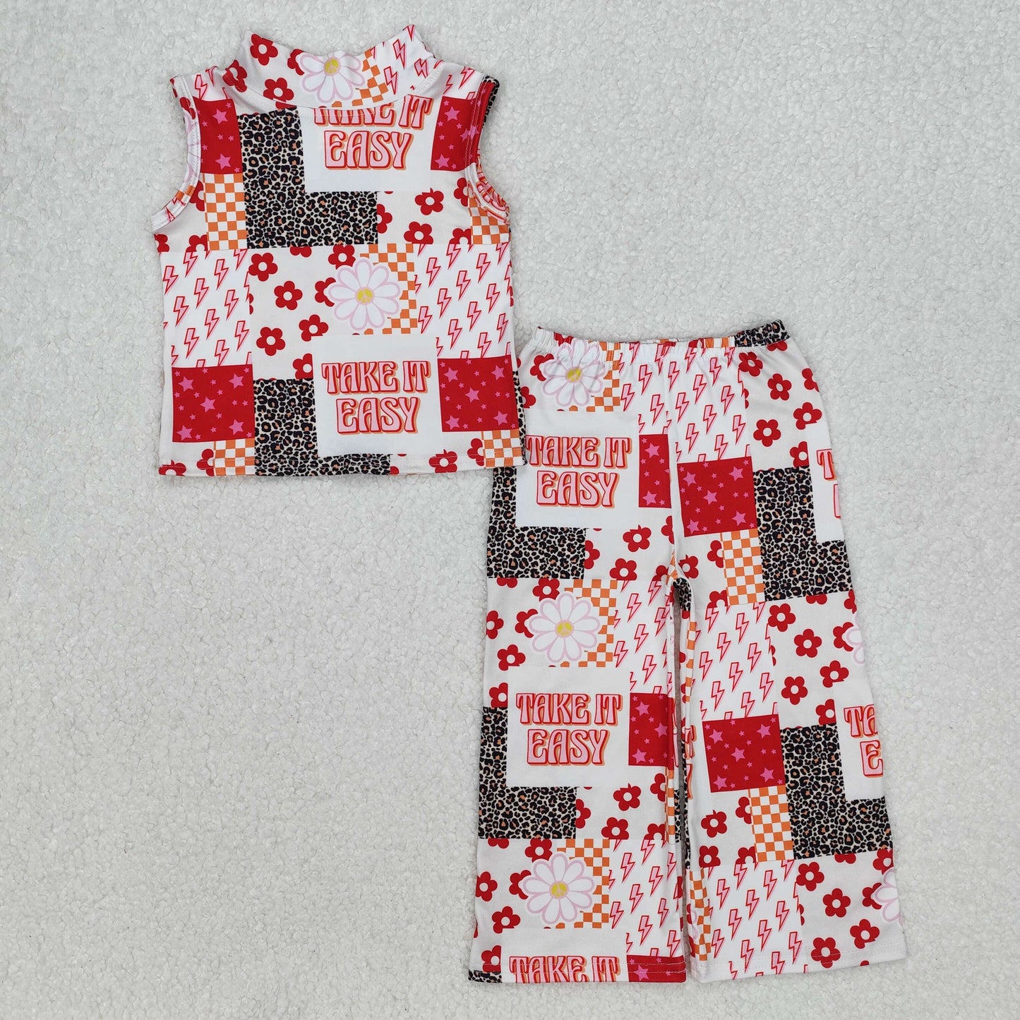 GSPO1952 Take It Easy Flowers Leopard Checkered Sleeveless Pants Girls Set