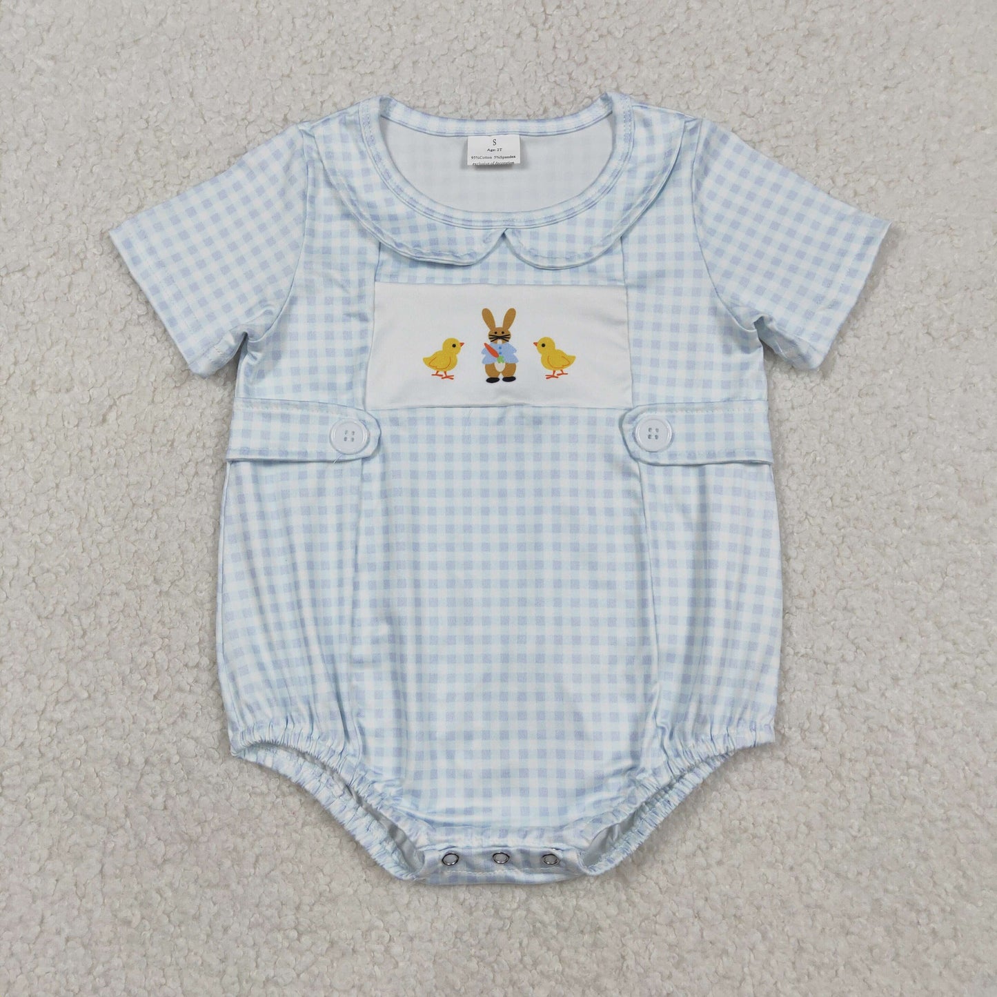 SR3566 Easter Rabbit Chick Blue Checkered Short Sleeve Boys Romper