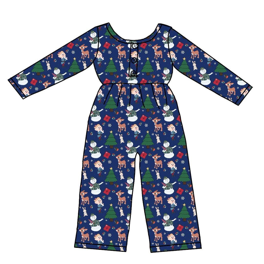 custom style Christmas tree deer cartoon baby navy blue long sleeve girls jumpsuits