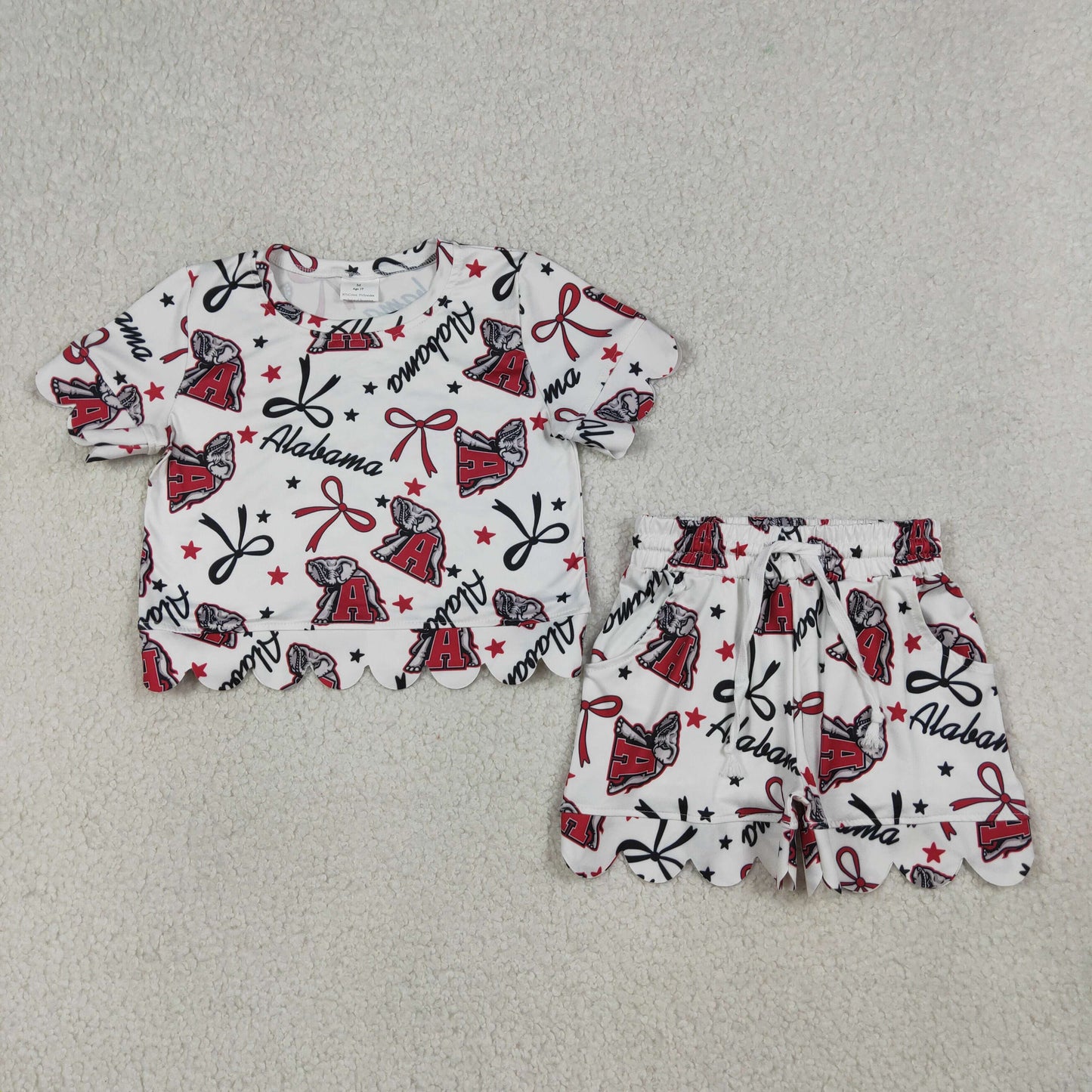GSSO3253 Scallop Team Elephant Bows Short Sleeve Shorts Girls Set