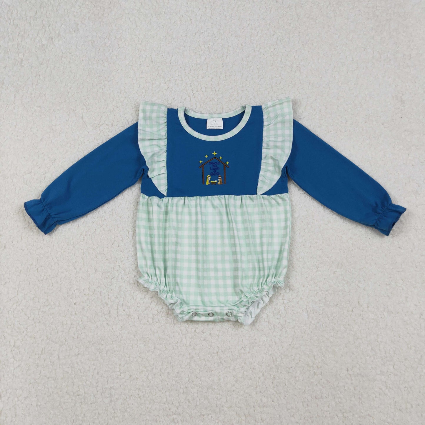embroidery LR2477 The Nativity Story blue long sleeve checkered girls romper