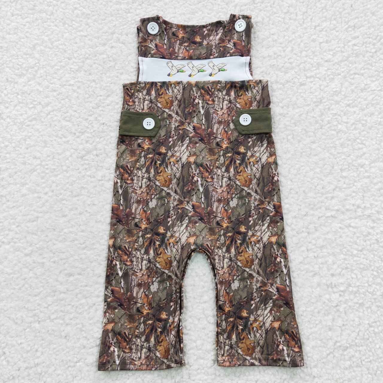 SR0357 Boys Embroidery Mallard Duck Sleeveless Camo Print Romper
