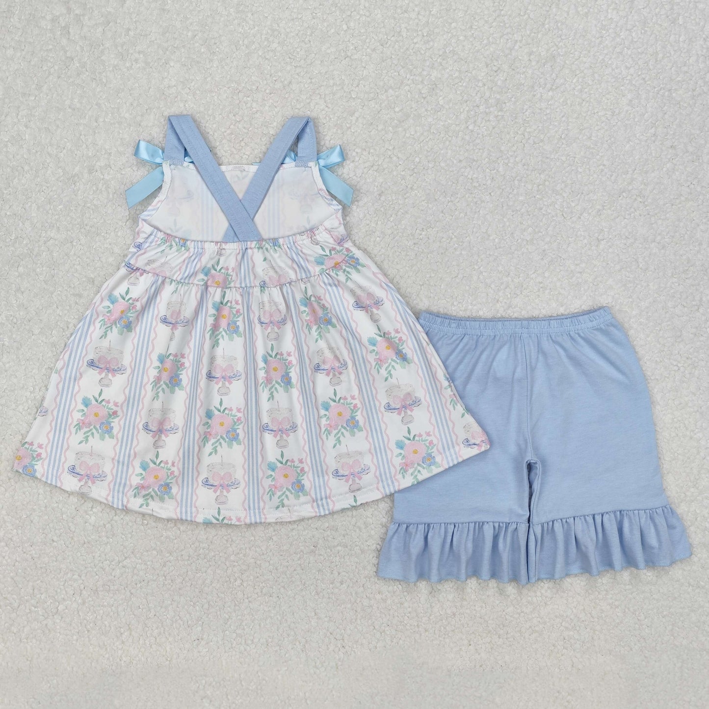 GSSO2087 pink flowers blue bows camisole top blue shorts girls set