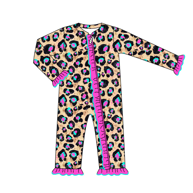 custom moq 3 LR1788 hot pink leopard long sleeve zipper girls romper