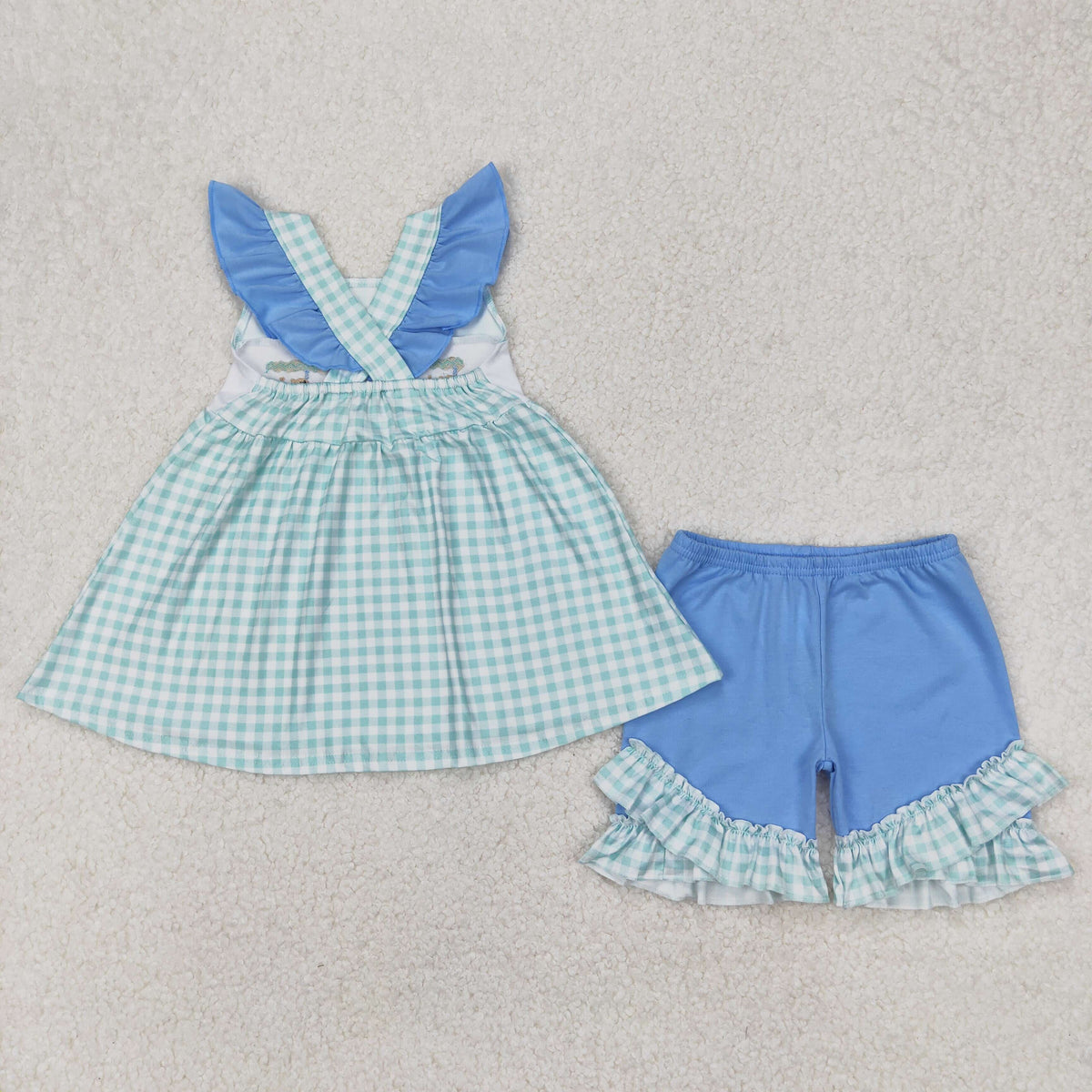 GSSO2148 embroidery fish green checkered flutter sleeve blue shorts girls set