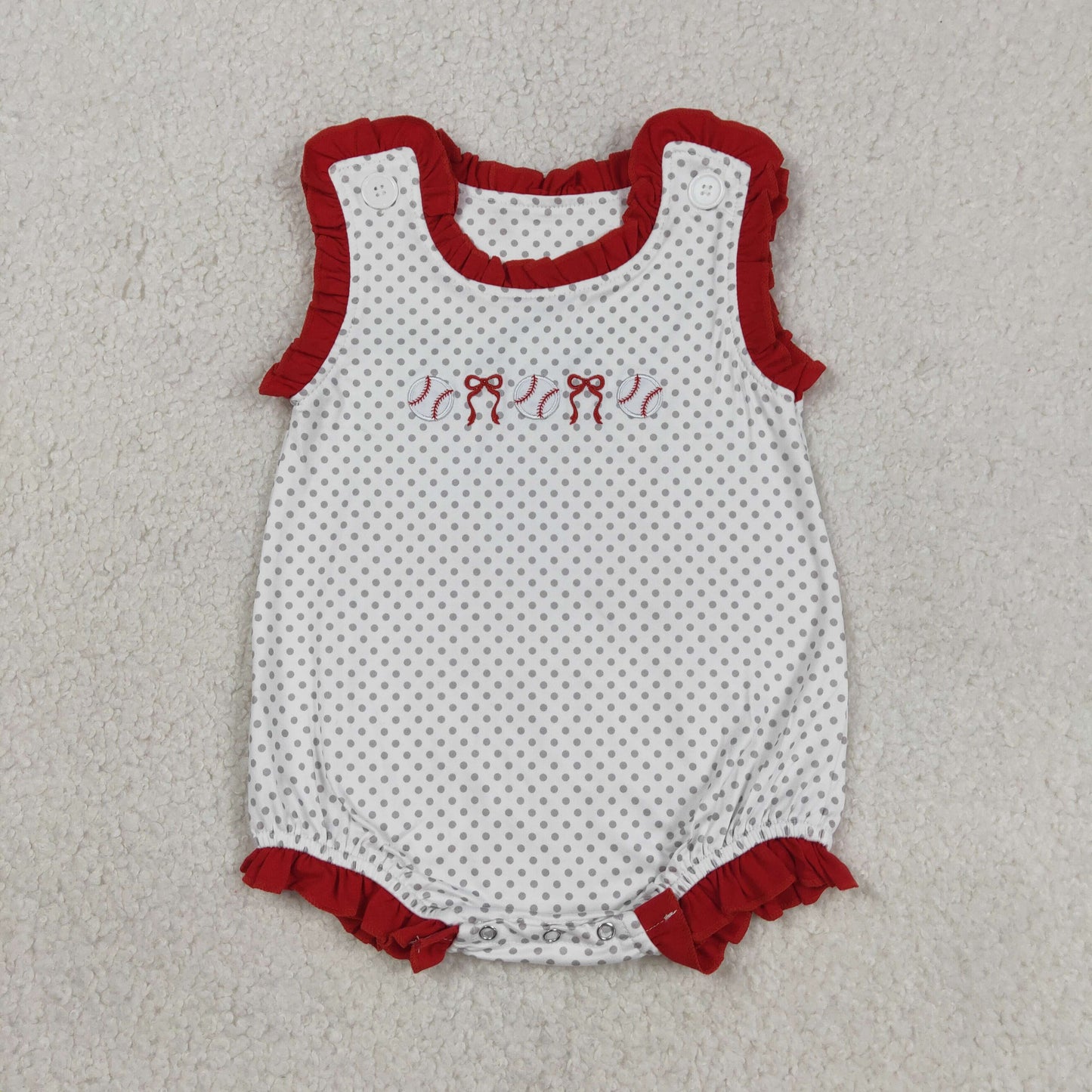 Embroidery SR3581 Baseball Bows Red Sleeveless Girls Romper