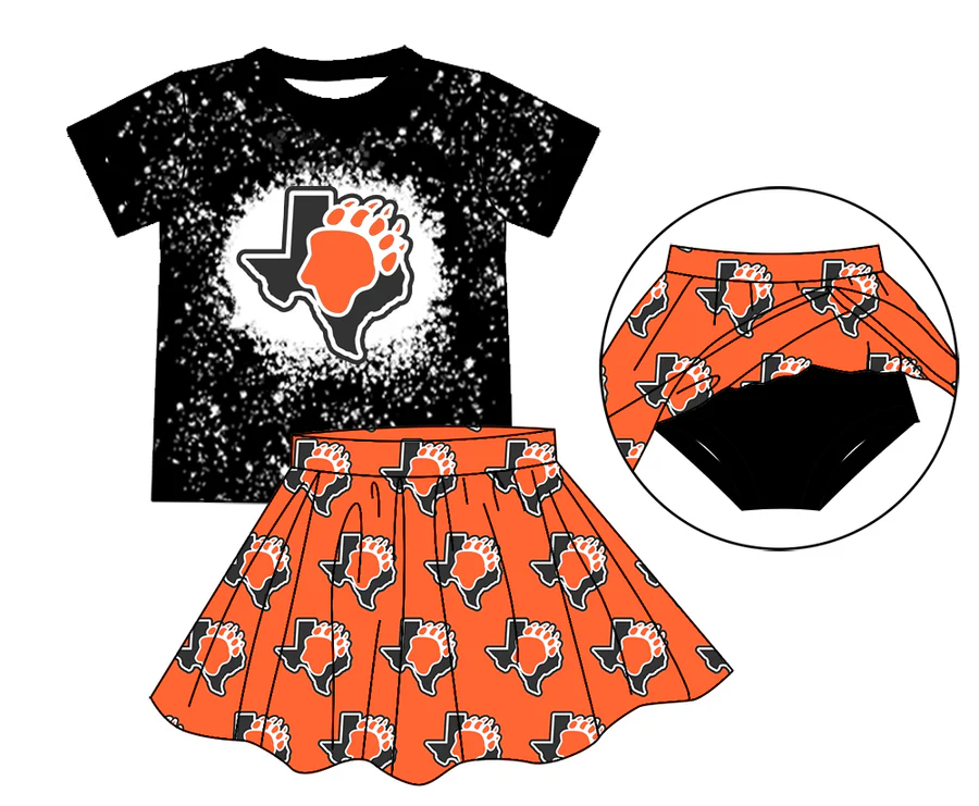 Custom Moq 5 football team dog paw black short sleeve orange skirt skorts girls set