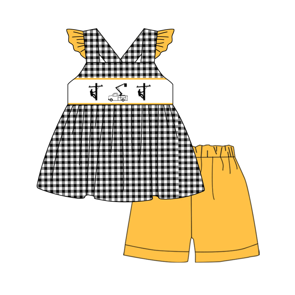 preorder GSSO0770 Lineman black checkered flutter sleeve yellow shorts girls set