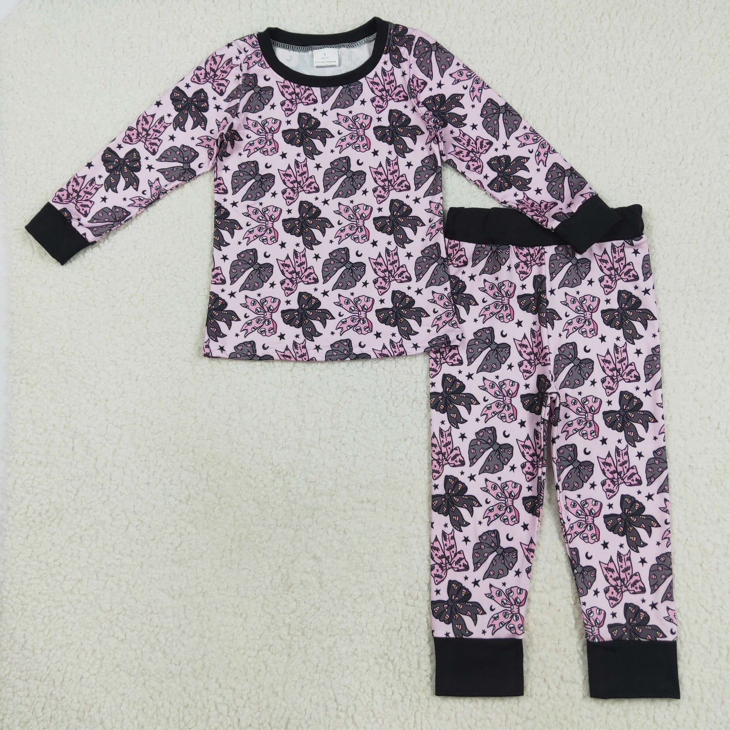 GLP2516 Halloween spooky bat bows pink/black long sleeve pants girls pajamas