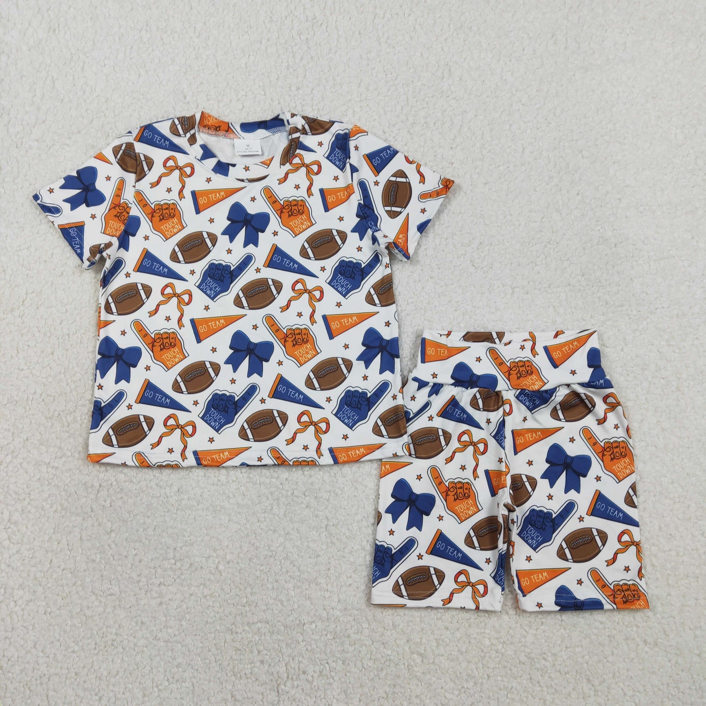 GSSO2722 football team orange navy blue bows short sleeve shorts girls set