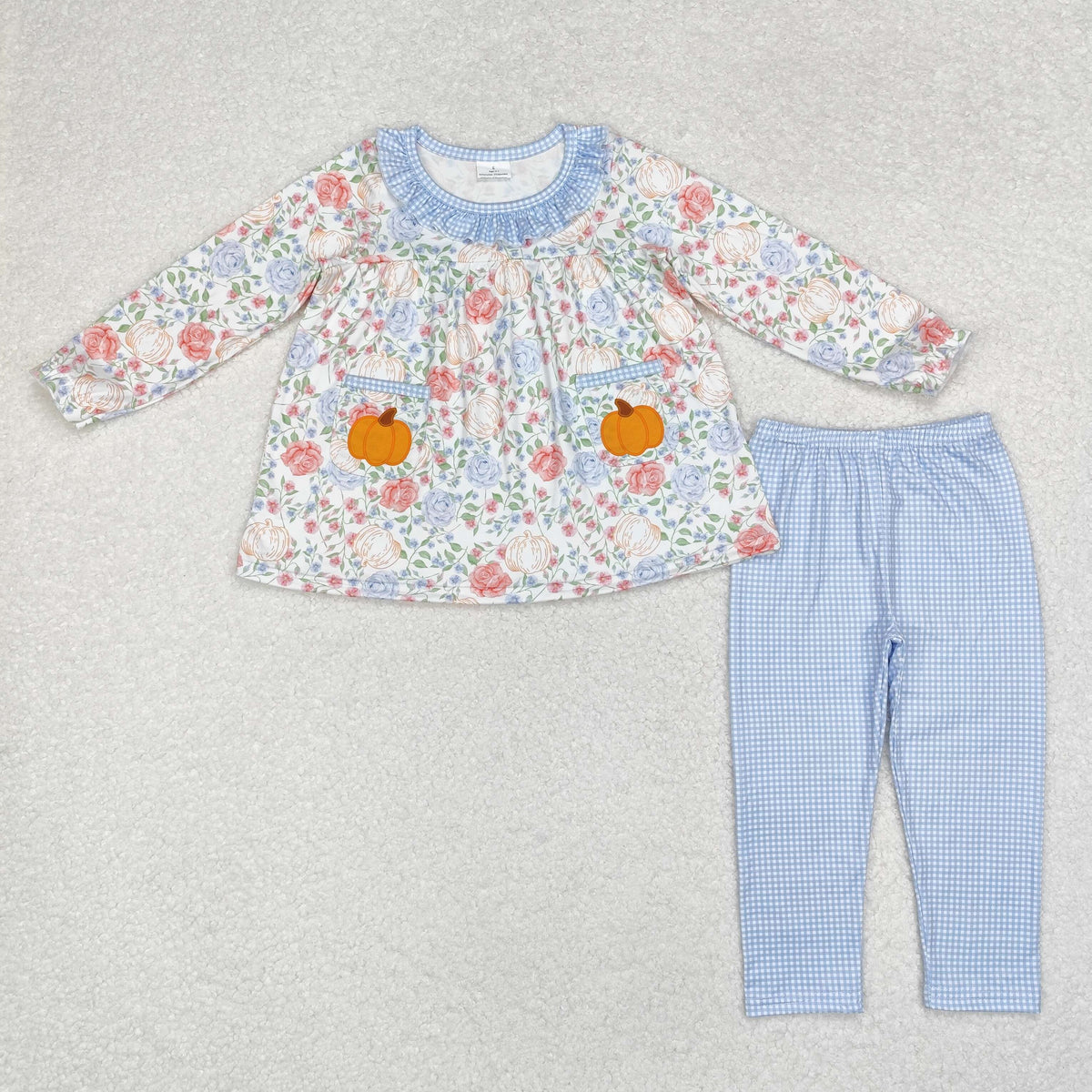 GLP1767 colorful flowers pumpkin long sleeve blue pants girls set