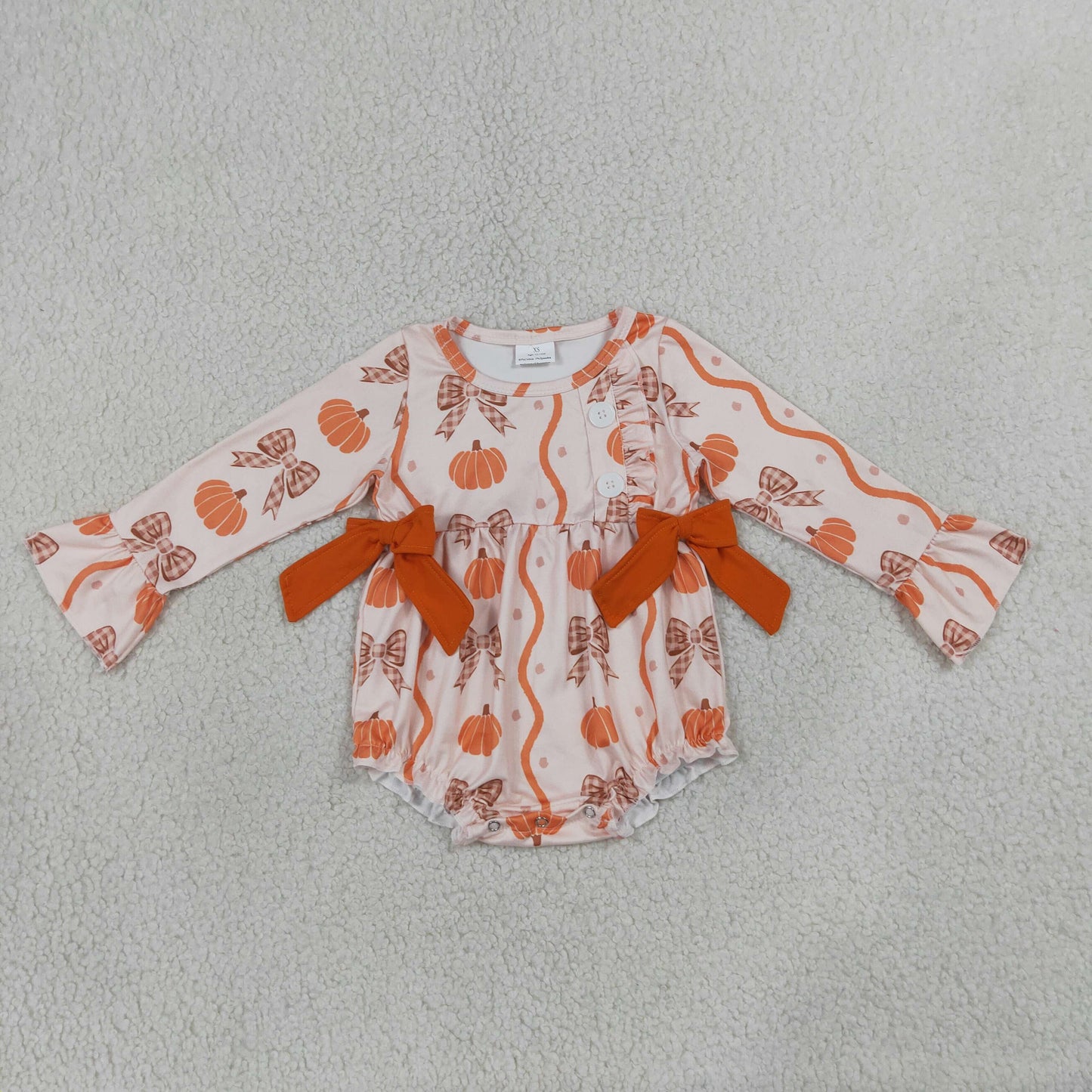 LR3083 Pumpkin Bows Long Sleeve Girls Romper