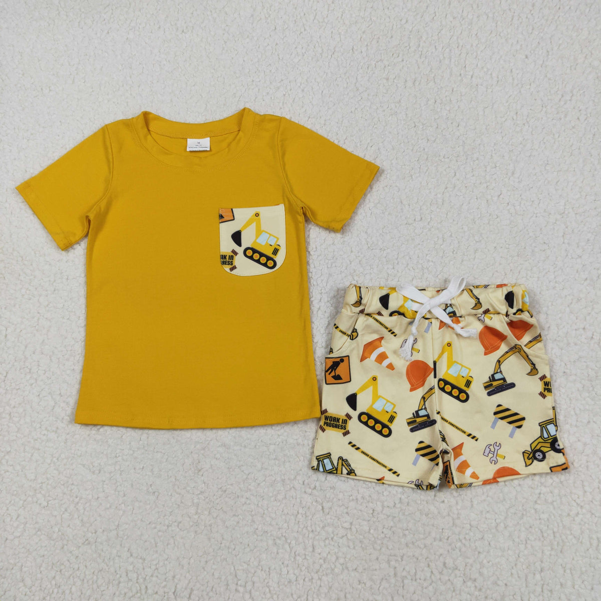 BSSO0529 Construction Truck Yellow Pockets Short Sleeve Shorts Boys Set