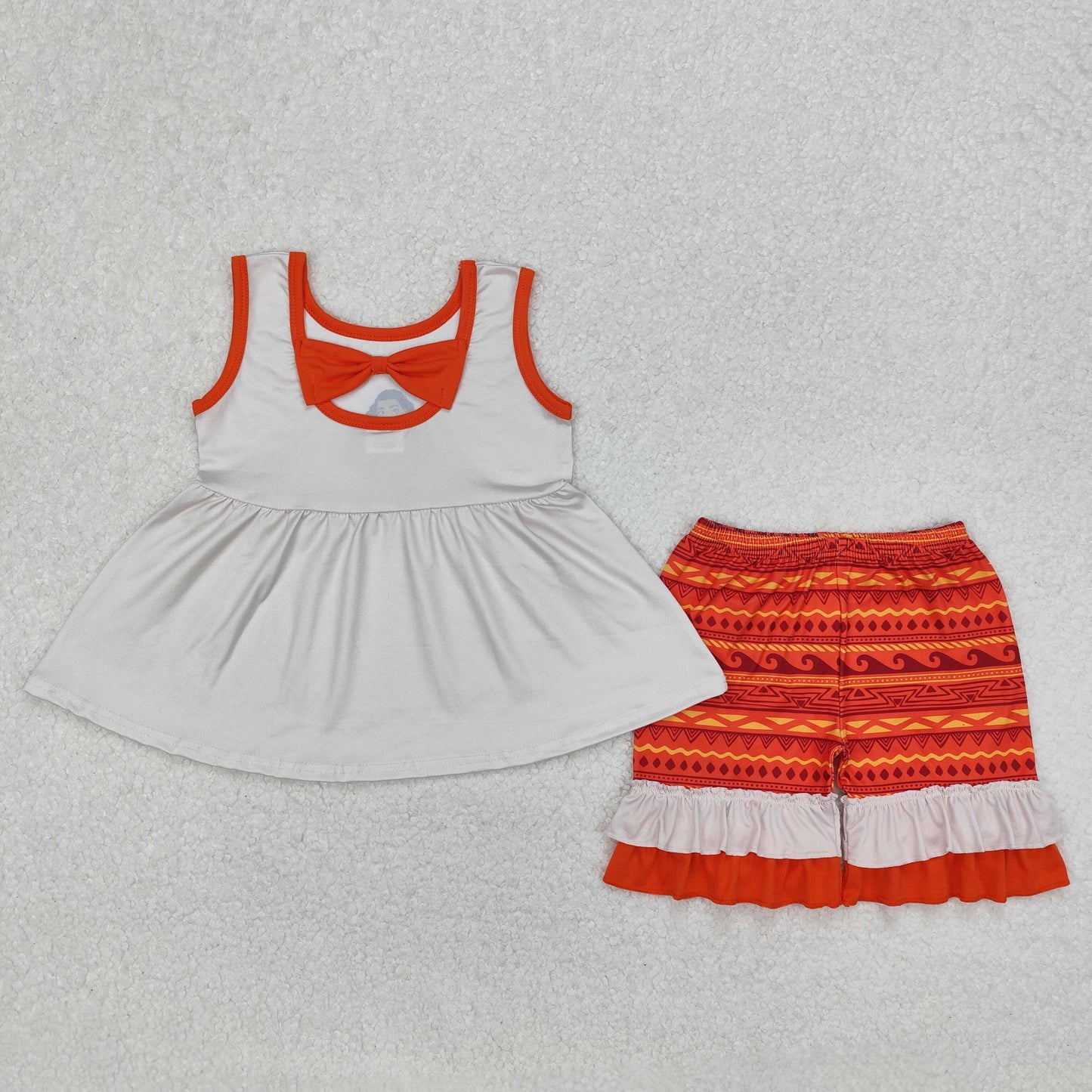GSSO2057 cartoon princess sleeveless with bow orange shorts girls set
