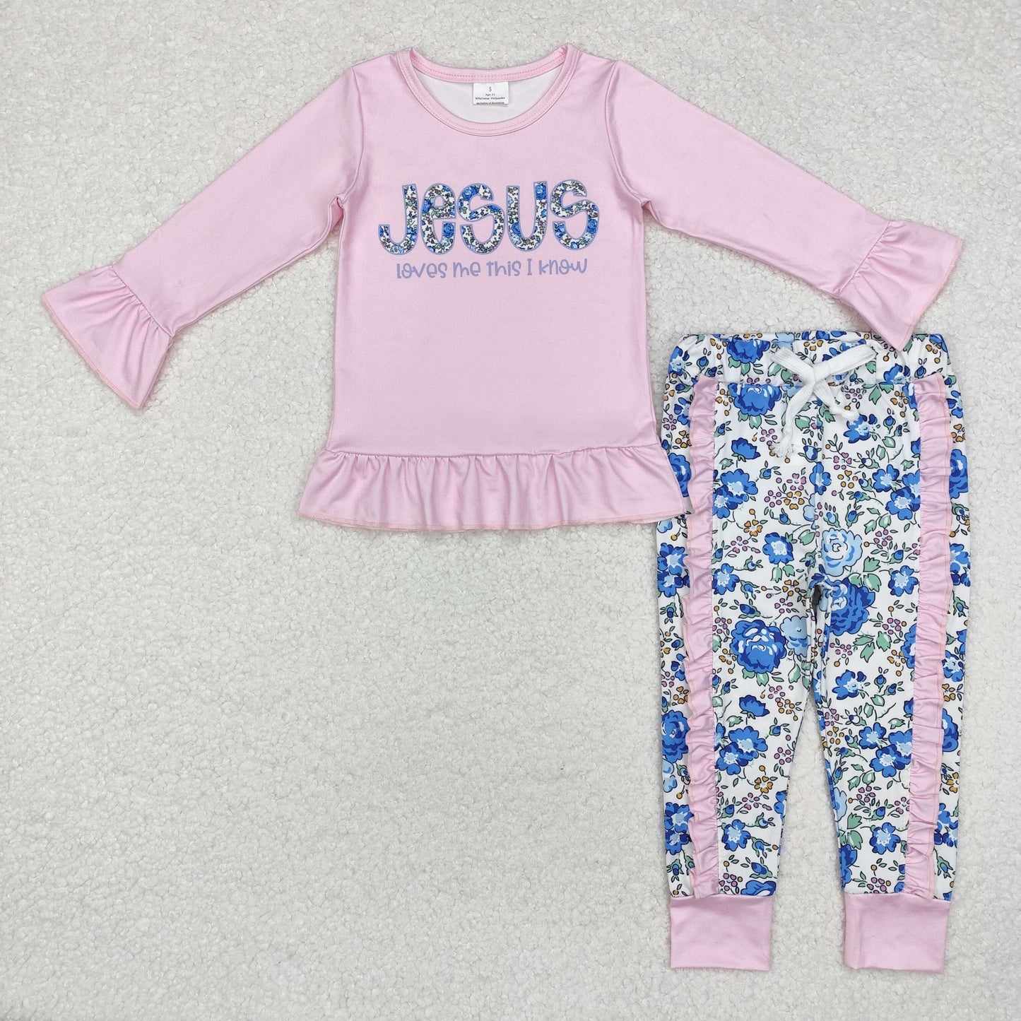 GLP1670 JESUS pink long sleeve blue flowers pants girls set