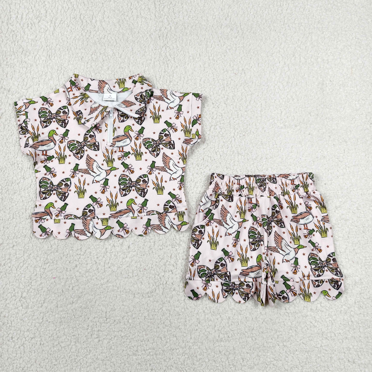 GSSO3669 Scallop Camo Bows Mallard Zipper Short Sleeve Shorts Girls Set