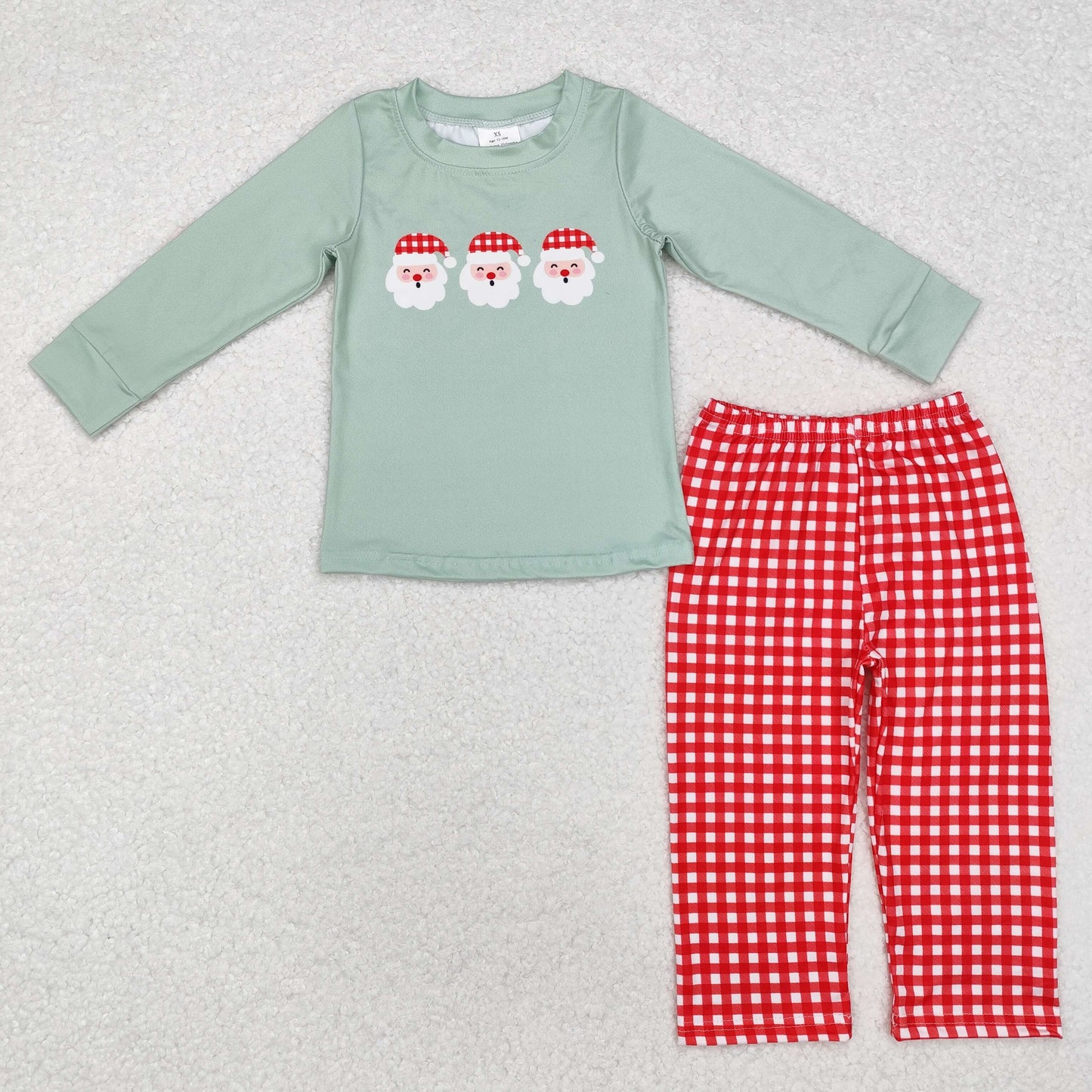 BLP0774 Christmas Santa green long sleeve red checkered pants boys set