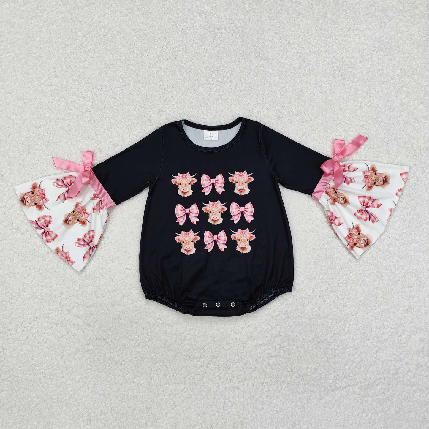 LR1871 highland cow pink bows black ruffles long sleeve girls romper