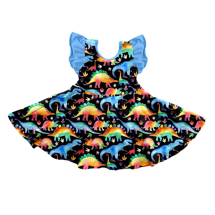 preorder Colorful dinosaur blue flutter sleeve girls dress