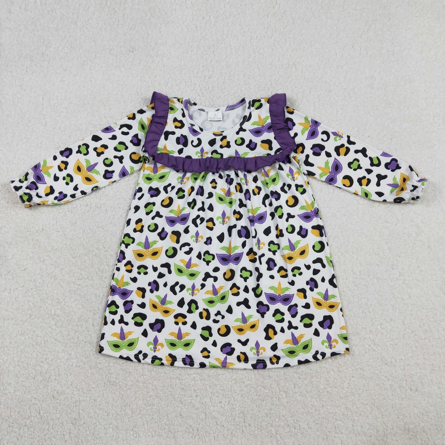 GLD1319 Mardi Gras yellow purple green leopard long sleeve girls dress