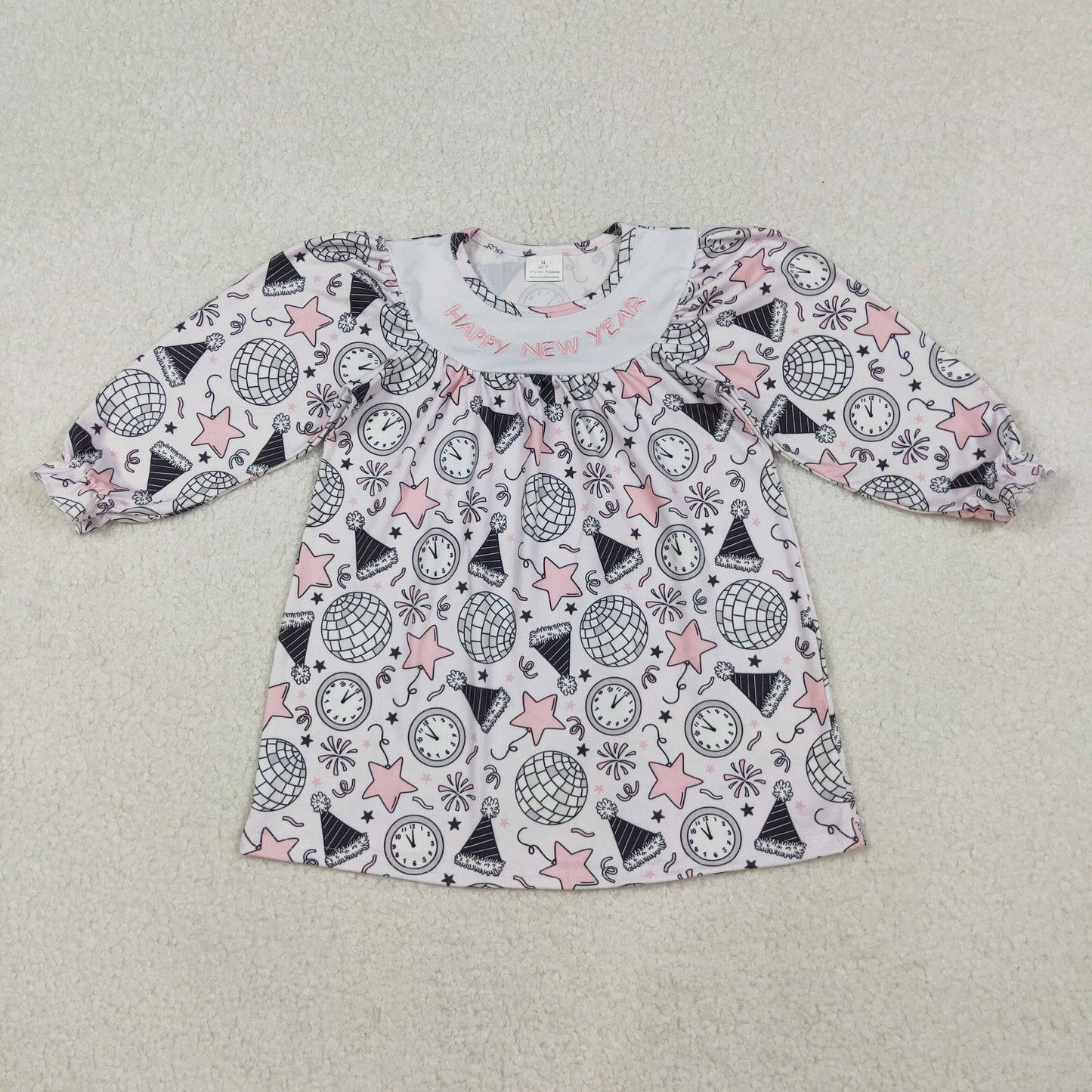 embroidery GLD1231 Happy new year firework light star long sleeve girls dress