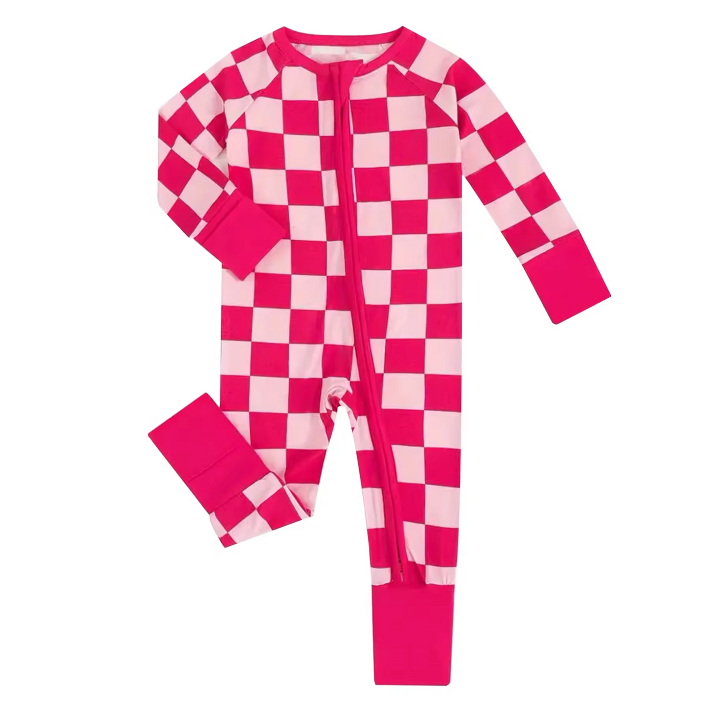 custom hot pink checkered long sleeve girls zipper romper