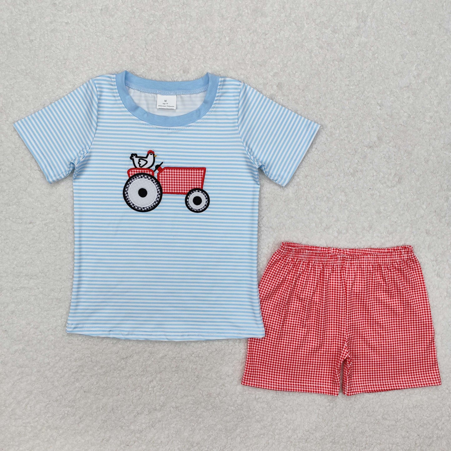 embroidery BSSO1172 Farm Chick Truck Blue Short Sleeve Red Checkered Shorts Boys Set