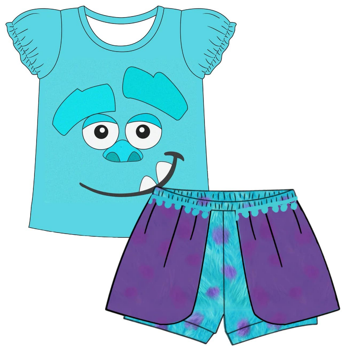 custom style blue monster flutter sleeve shorts girls set tat 6-8 weeks