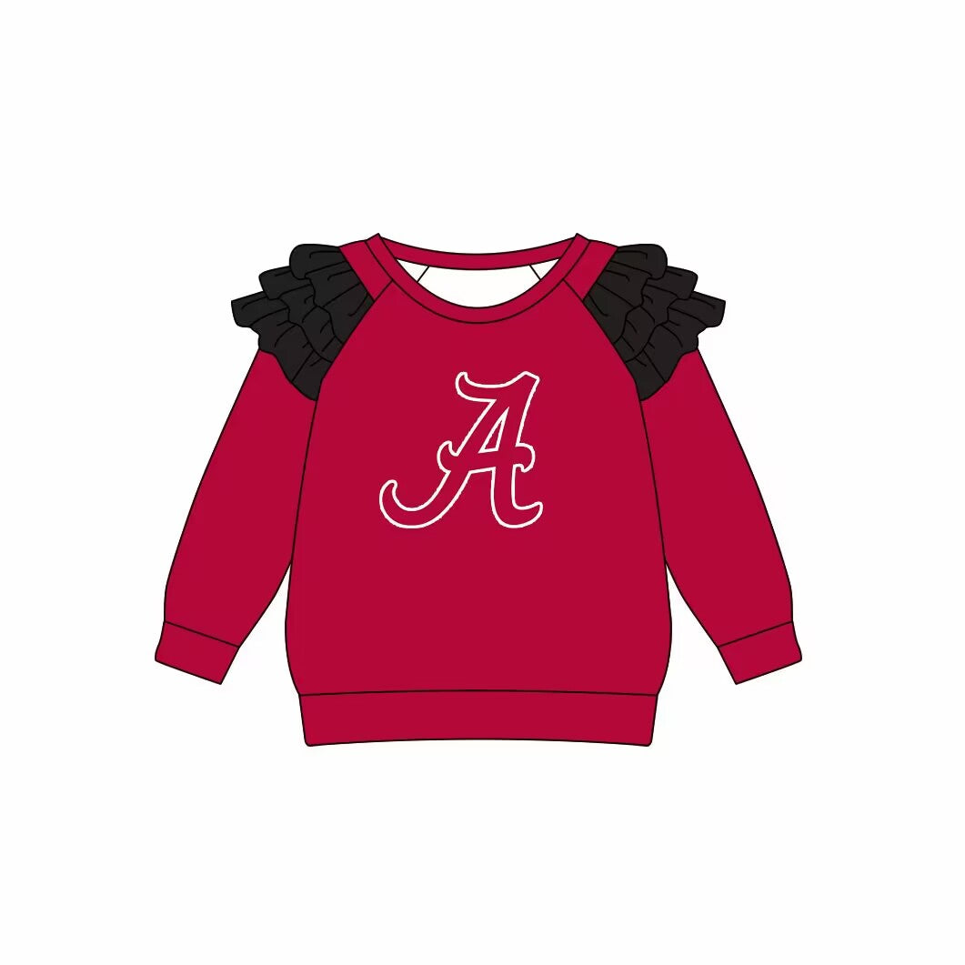 custom moq 3 football team A red long sleeve girls ruffles top