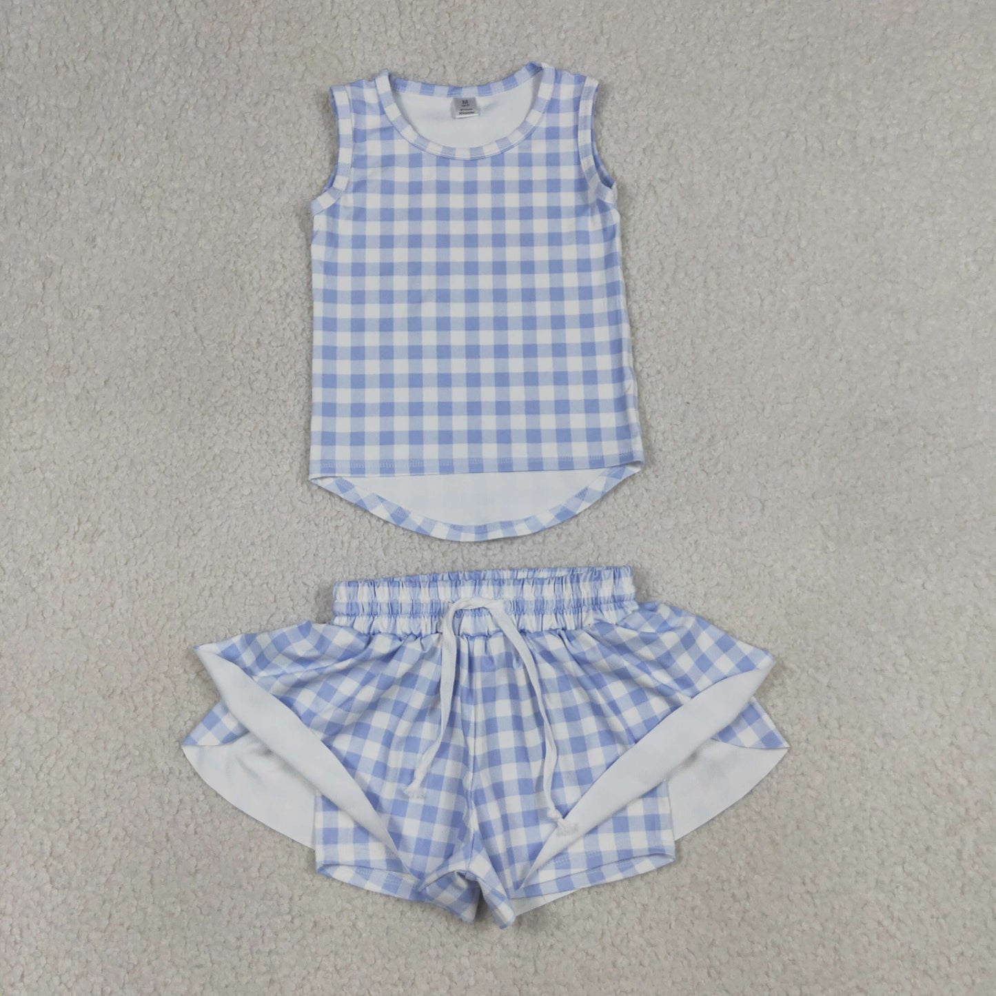 GSSO3479 Yoga Blue Checkered Sleeveless Shorts Girls Set