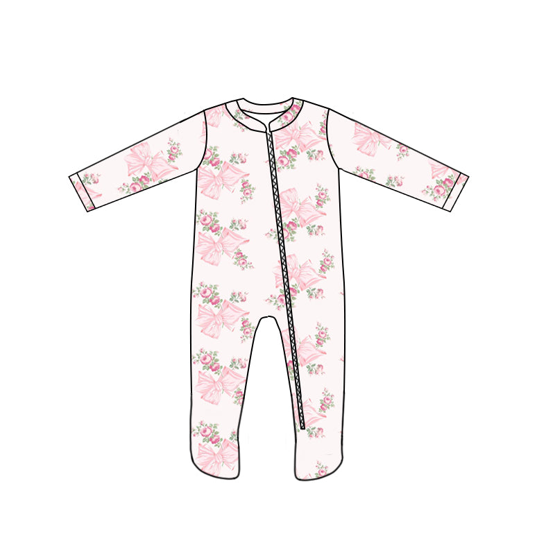 custom style flowers pink bows 1 long sleeve zipper girls romper
