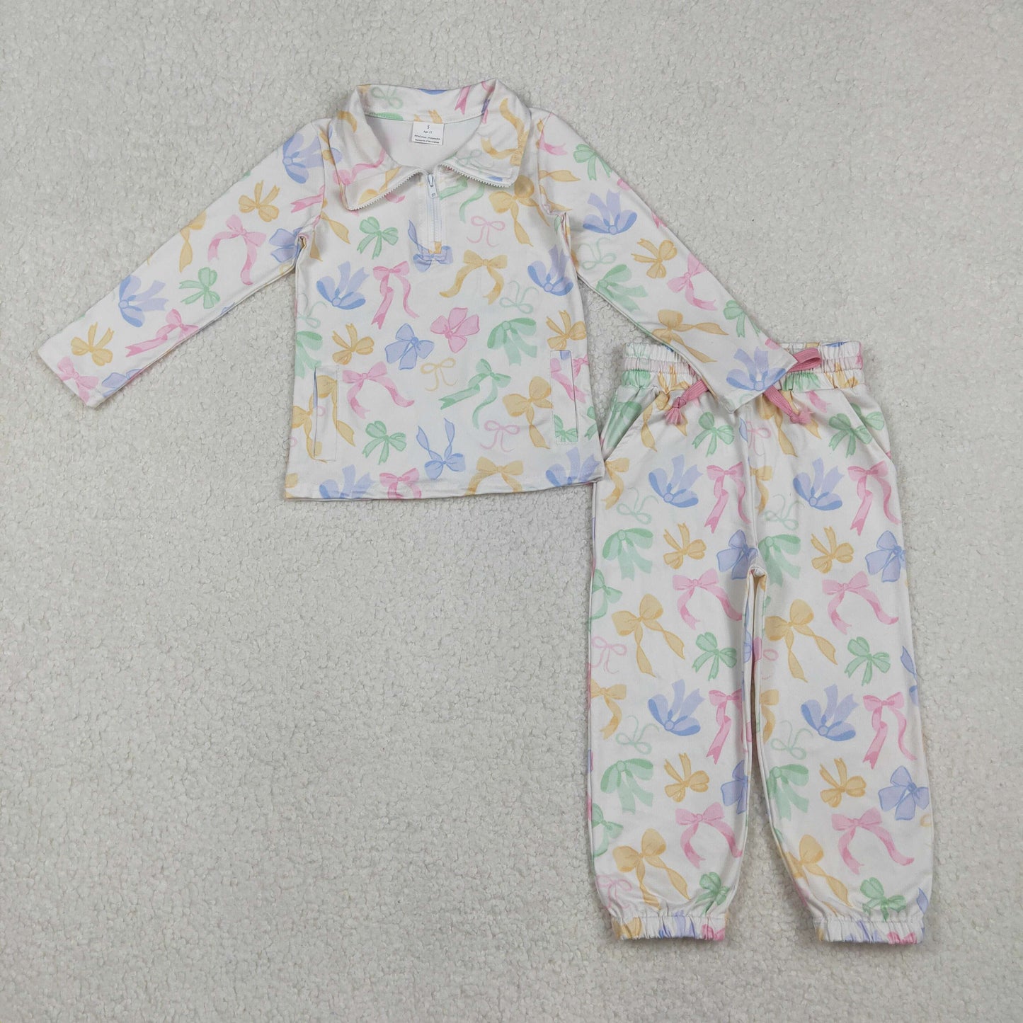 GLP2886 colorful bows zipper long sleeve pants girls set