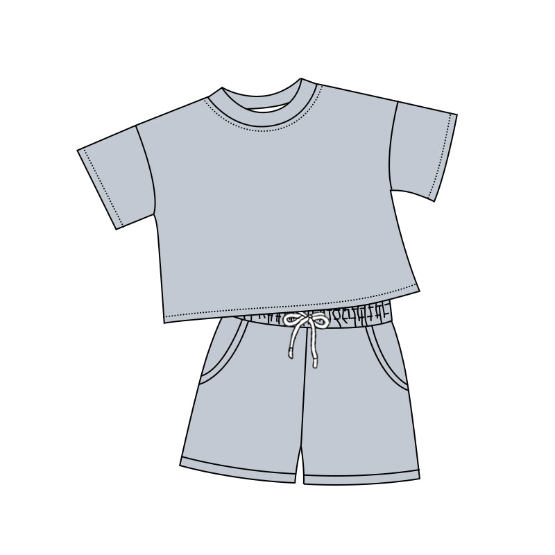 custom cotton grey blue short sleeve shorts girls set