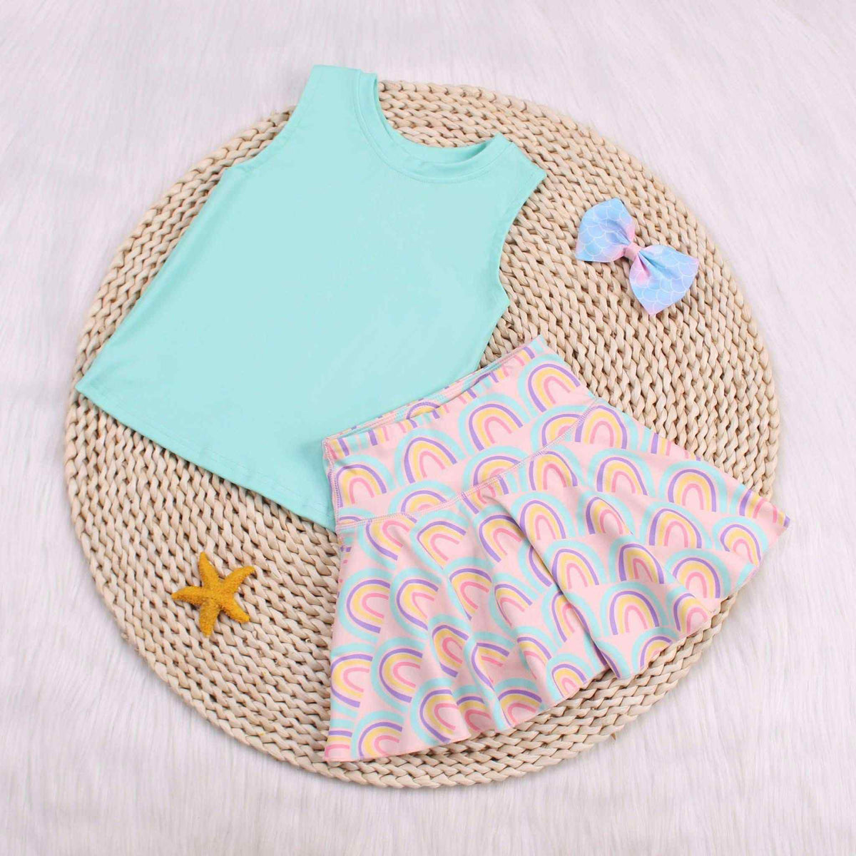 preorder mint green sleeveless rainbow skirt girls set