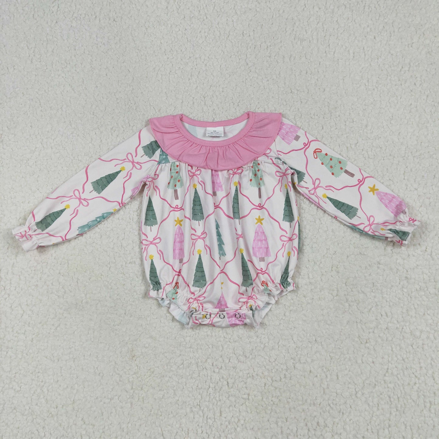 LR2275 Christmas tree pink bows long sleeve girls romper