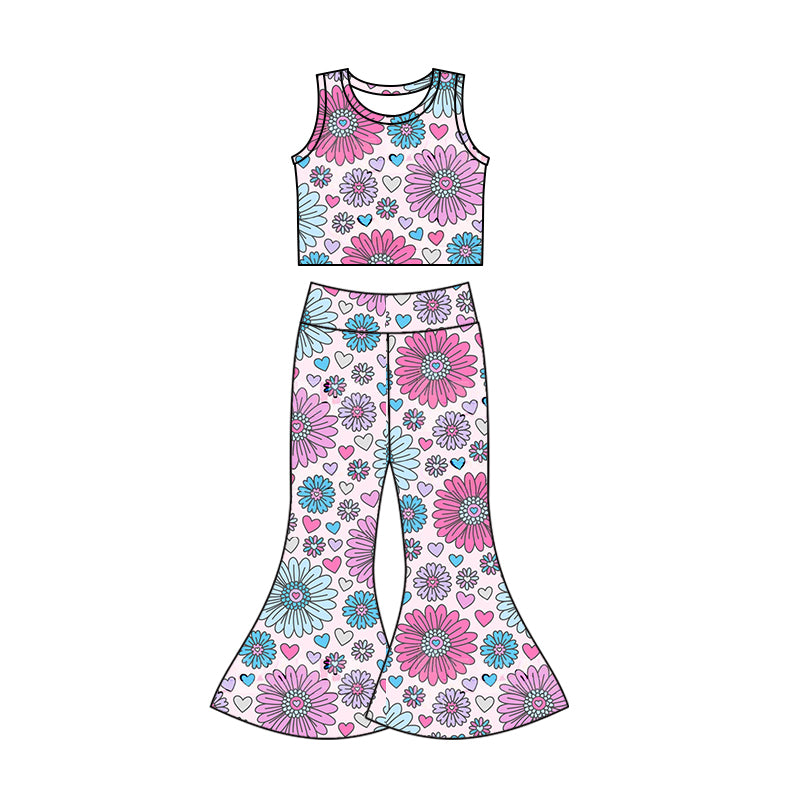 preorder Hot pink flowers heart sleeveless pants girls set